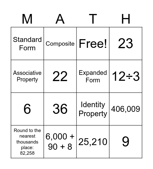 Math 1 Bingo Card