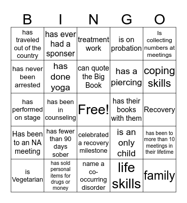 SOBER  Bingo Card