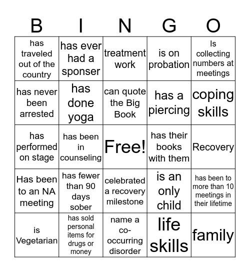 SOBER  Bingo Card