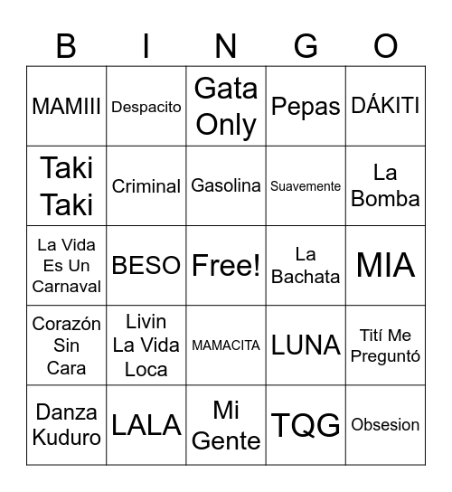 Latin Hitz Bingo Card