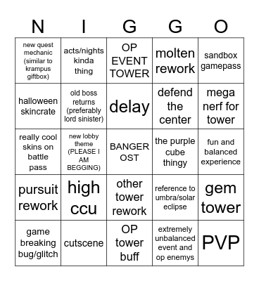 TDS UPDATE NIGGO Bingo Card