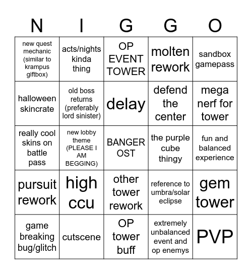 TDS UPDATE NIGGO Bingo Card