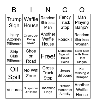 Southern Road Trip Bingo Card