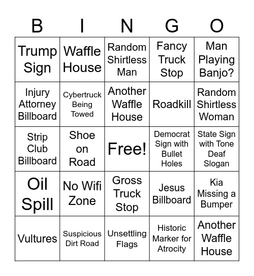 Southern Road Trip Bingo Card