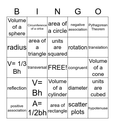 Pre-Algebra  Bingo Card