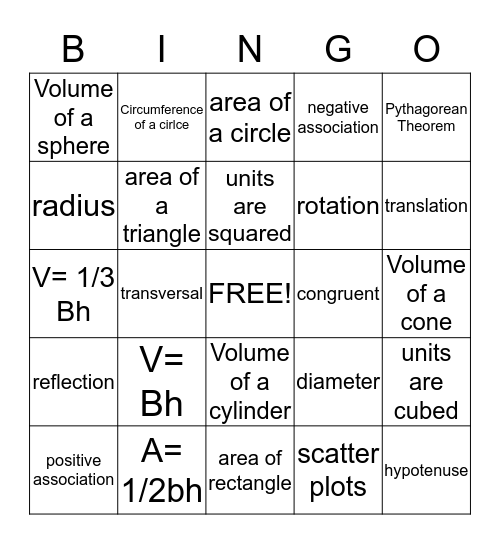 Pre-Algebra  Bingo Card