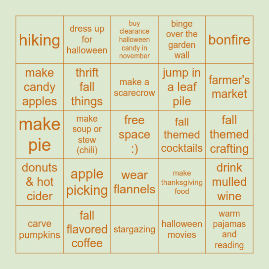 L&L's Fall Bingo Card