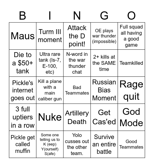 The War Thunder Bingo Card Oe Twitch Community Bingo Card