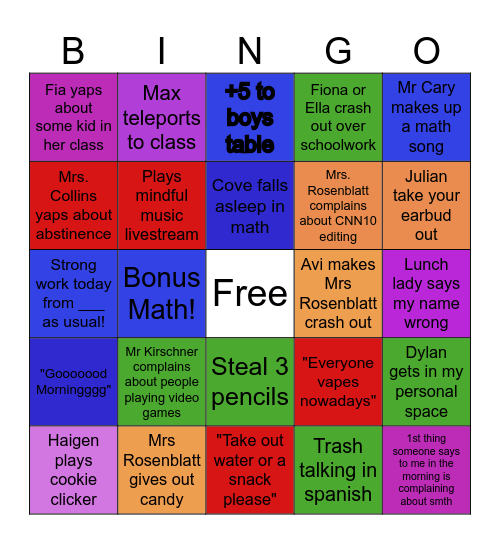 School Bingo Card