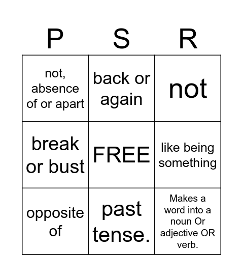 MORPHOLOGY BINGO 1 Bingo Card