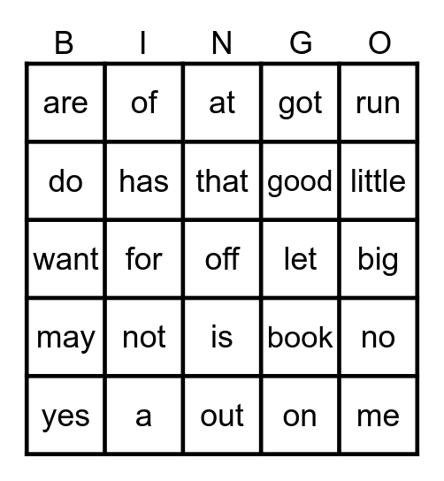 Sight Word Bingo Card