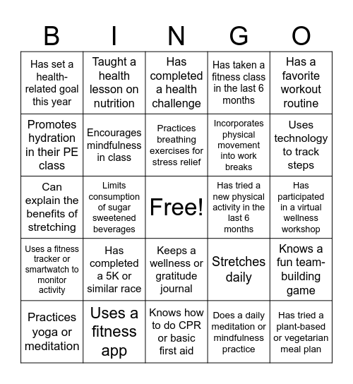 Health and Fitness Bingo Card