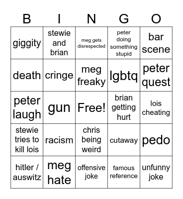 family guy Bingo Card
