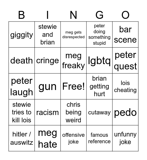 family guy Bingo Card