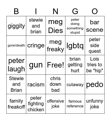 family guy Bingo Card