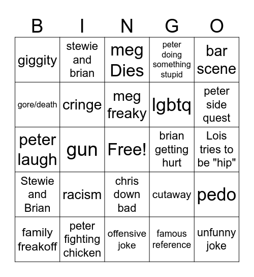 family guy Bingo Card