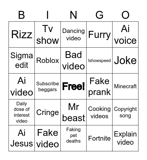 YouTube shorts Bingo Card