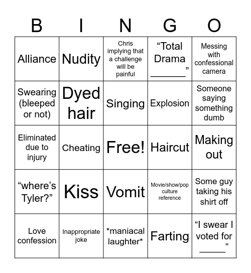 Total Drama Bingo Card