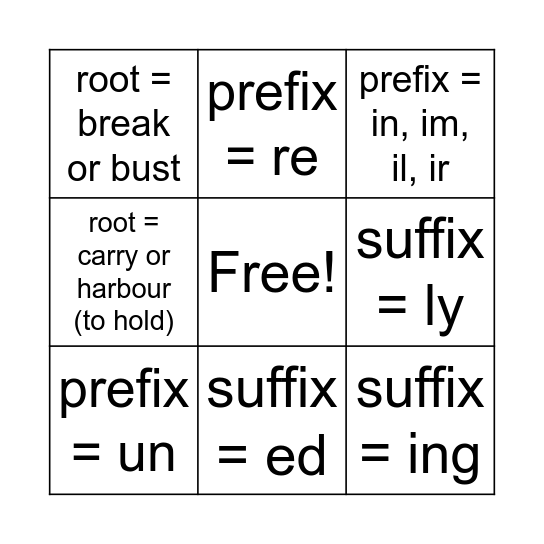 Morphology Bingo Card