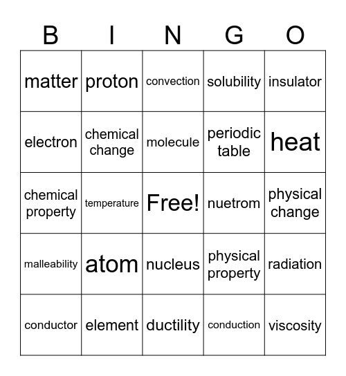 Matter & Energy Grade 6 Bingo Card