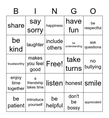 Friendship Bingo Card