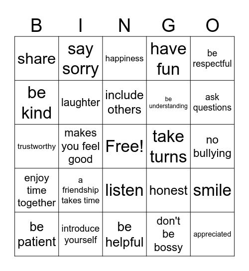 Friendship Bingo Card