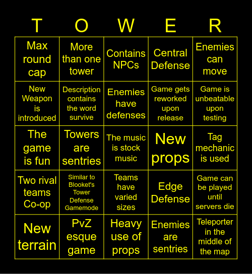 Gimkit Tower Defense Bingo Card