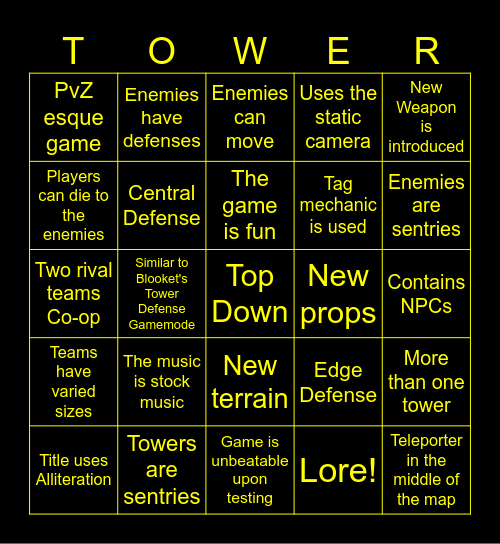 Gimkit Tower Defense Bingo Card