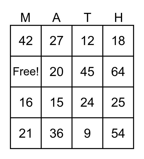Multiplication Bingo Card