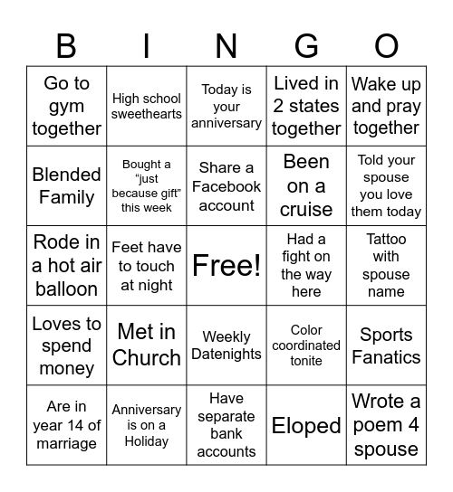 Marriage & Family Bingo Card