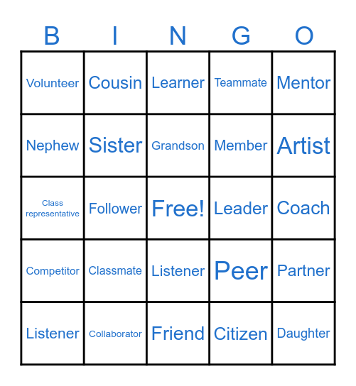 Relational Names Bingo Card