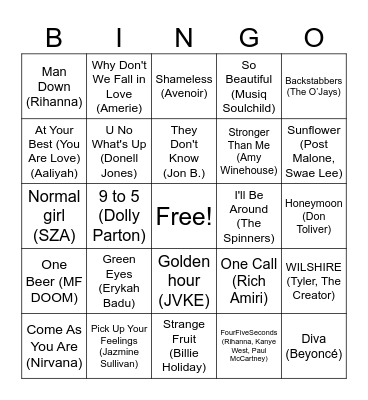 Moriah's Sweet 16 Song Bingo Card