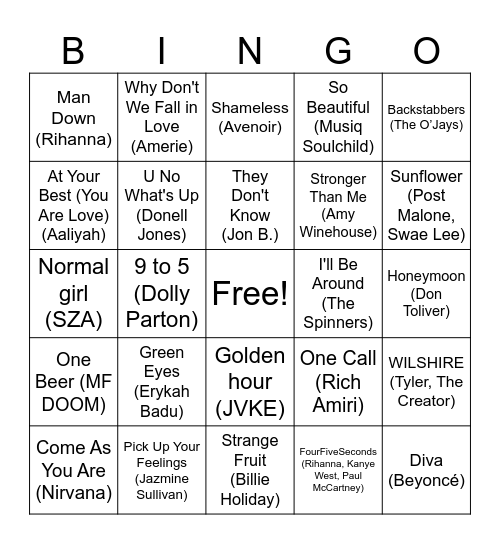 Moriah's Sweet 16 Song Bingo Card