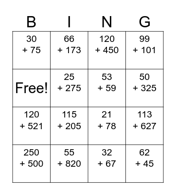 Math Bingo: 4-Digit Addition Bingo Card