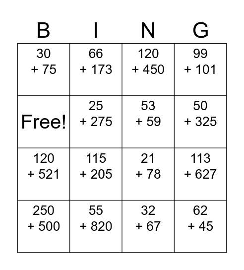 Math Bingo: 4-Digit Addition Bingo Card