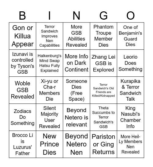 Hxh Chapter Batch Bingo Card