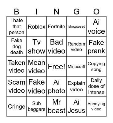 YouTube short Bingo Card