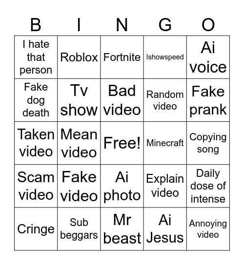 YouTube short Bingo Card