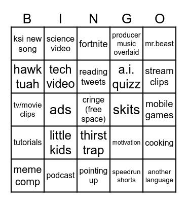 shorts Bingo Card