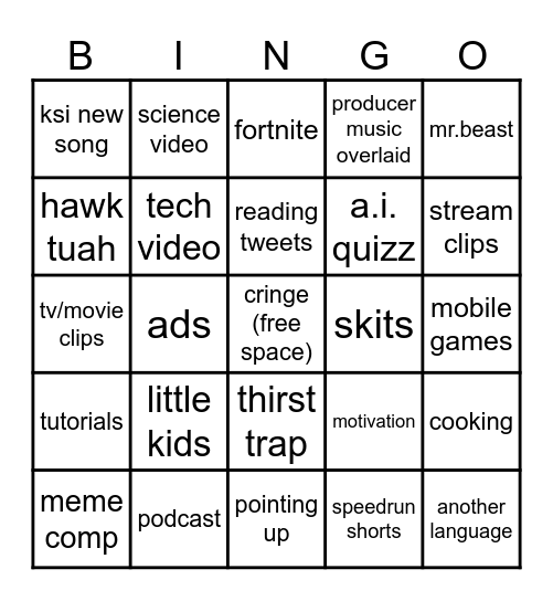 shorts Bingo Card