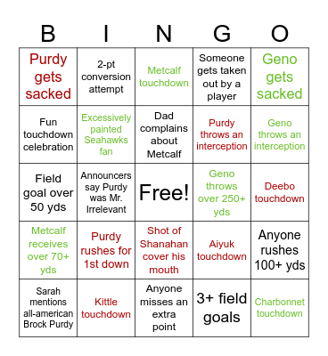Thursday Night Football Bingo Card