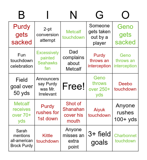 Thursday Night Football Bingo Card