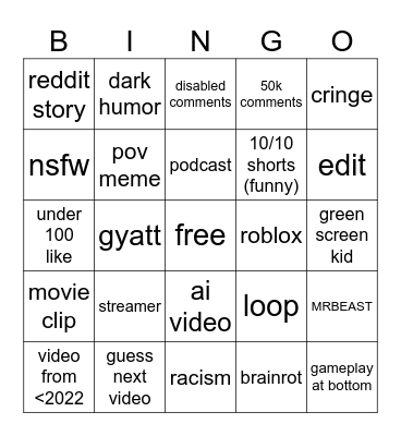 Youtube Shorts Bingo Card