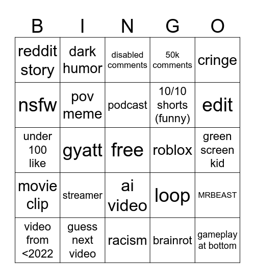 Youtube Shorts Bingo Card