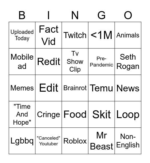 shortz Bingo Card