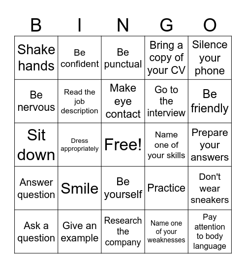 Job Interview Bingo Card