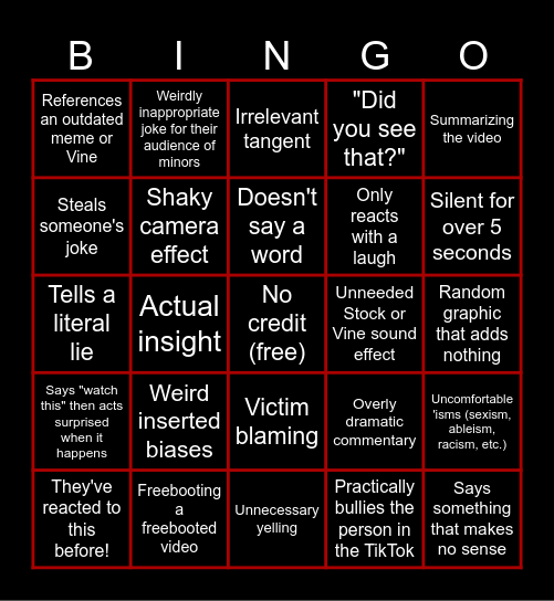 TikTok Reaction Bingo Card