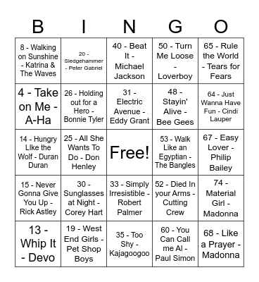 70's & 80's Mega Mix Bingo Card