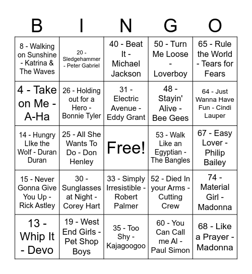 70's & 80's Mega Mix Bingo Card