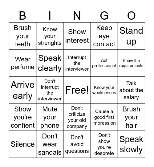 Job interview Bingo Card